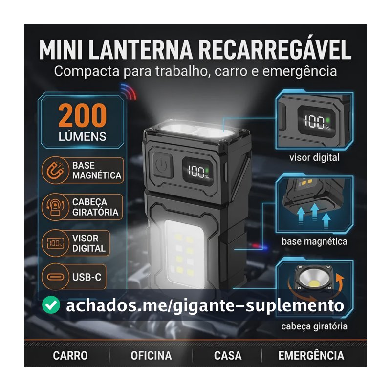 Lanterna Recarregável Portátil Com Clipe E Ímã Visor Digital Branco Preto