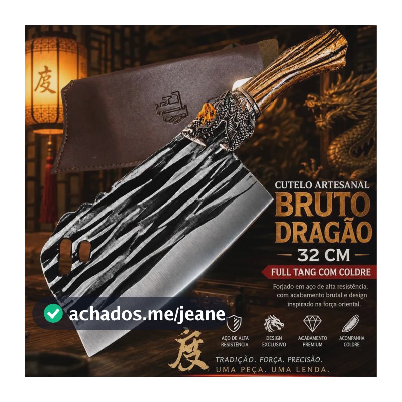 Cutelo Faca Dragão 32 Cm Full Tang Aço Churrasco Bainha Chef