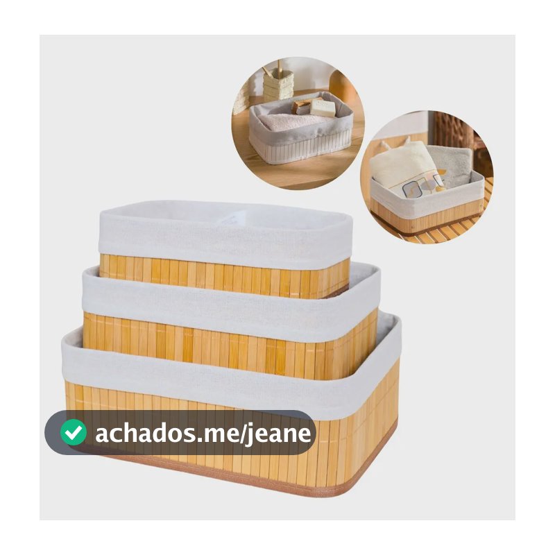 Kit 3 Cestos Organizador De Bambu Multiuso Com Forro