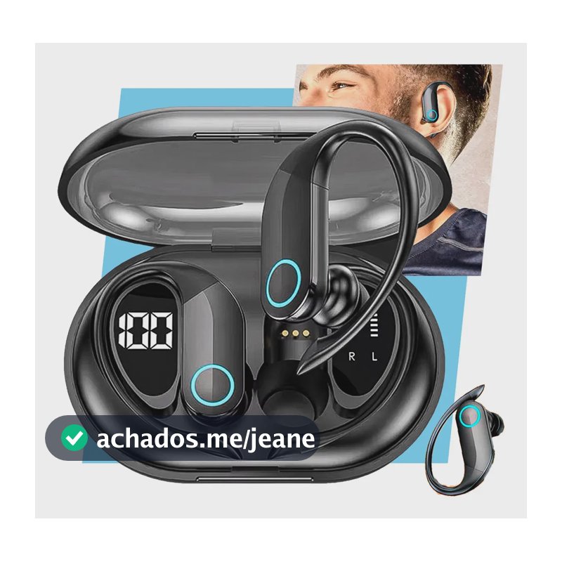 Fone de Ouvido Bluetooth TWS Esportivo com Gancho para Academia e Corrida