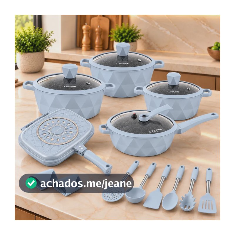 Jogo De Panelas London Cerâmica Antiaderente 17 Peças Grill Azul-claro