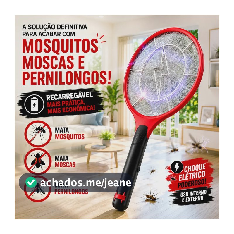 Raquete Elétrica Mata Mosquito Mosca Pernilongo Dengue Insetos Bateria Recarregavel Bivolt