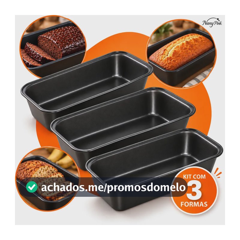 Kit 3 Formas De Pão Bolo Inglês Antiaderente Teflon Assadeira Para Pão Caseiro Cuca Lasanha Torta Brownie Forma Retangular Profissional Resistente Forno Aço Carbono 27cm - Nany Pink