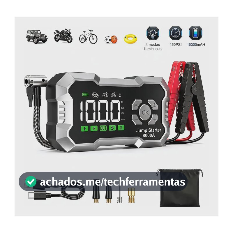 Portátil Auxiliar Partida Bateria Compressor Ar Inteligente Preto 12
