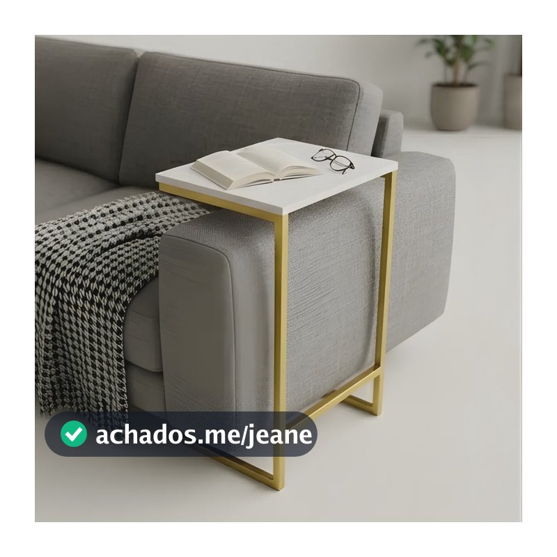 Mesa De Apoio Lateral Sofá Industrial Cama Leitura Notebook Off-white/dourado