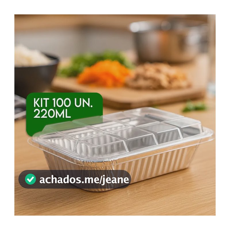 100un Bandeja Marmita Marmitex 220 Ml De Alumínio Descartável Com Tampa Pet Transparente Para Refeições, Delivery, Restaurante, Freezer E