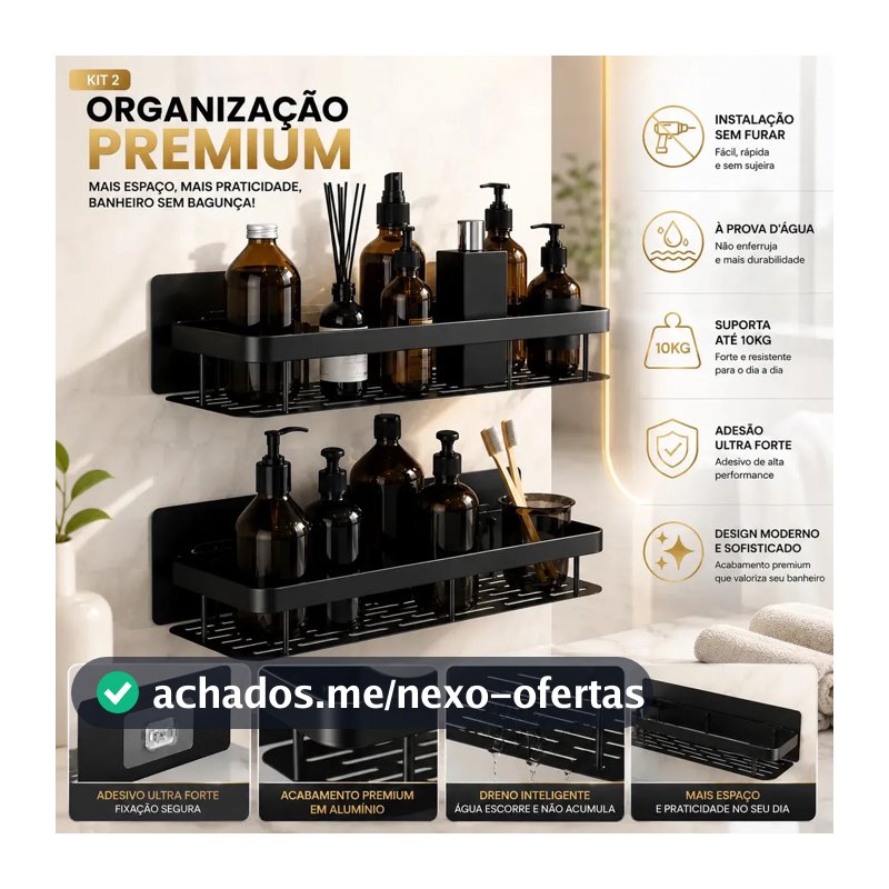 Kit 2 Suporte Porta Shampoo Sabonete Prateleira Banheiro Adesivo Parede Sem Furar Box Luxo Pétalas Douradas Organizador Alumínio Preto Antiferrugem Premium