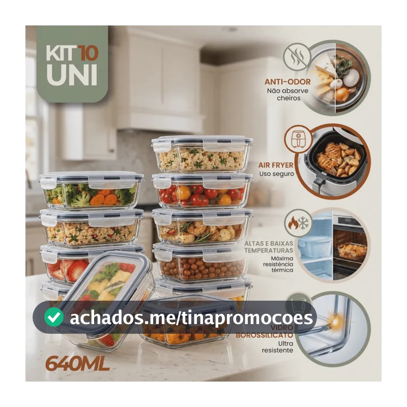 Kit 10 Potes Vidro Hermetico Vai Ao Forno Microondas 640ml Marmita Hermético Freezer Fitness Rishon