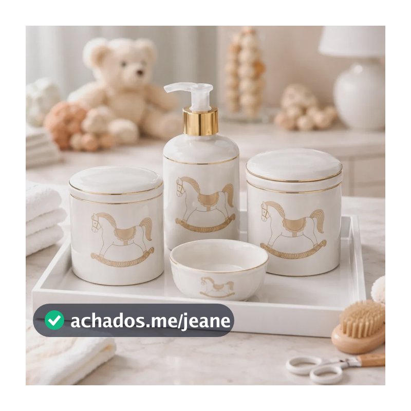 Kit Higiene Porcelana Bebe Unissex Cavalinho Filete Ouro 4 Peças Com Bandeja