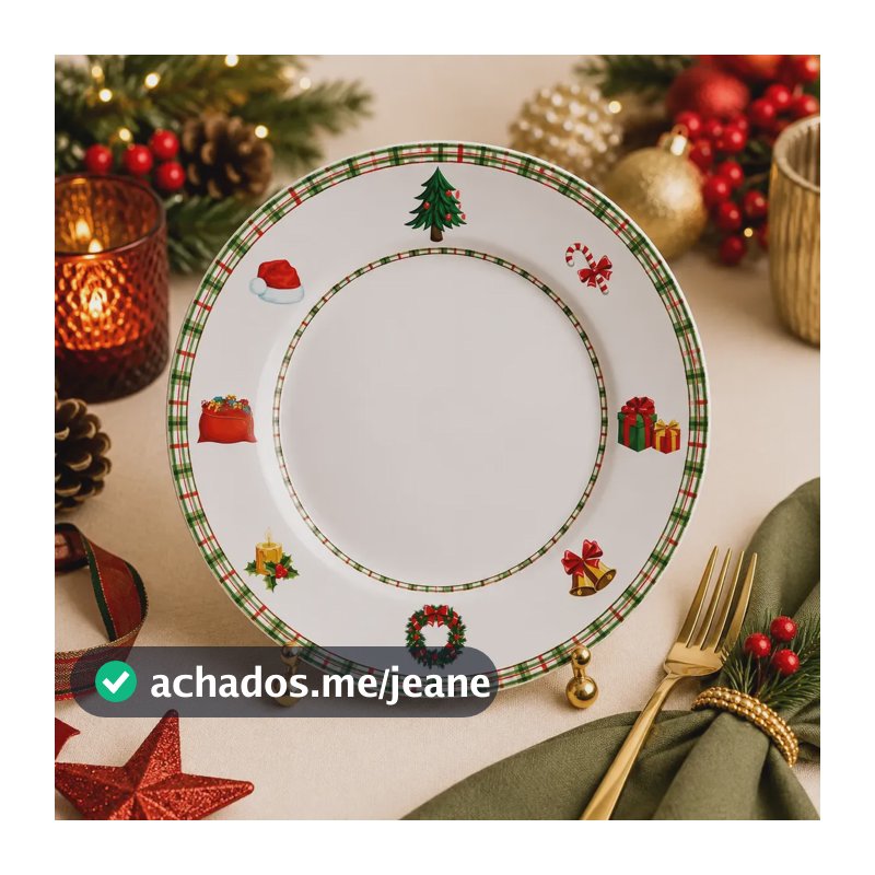 Conjunto 6 Pratos Rasos Natal Jingle Bells Cerâmica Alleanza Colorido Jingle Bells