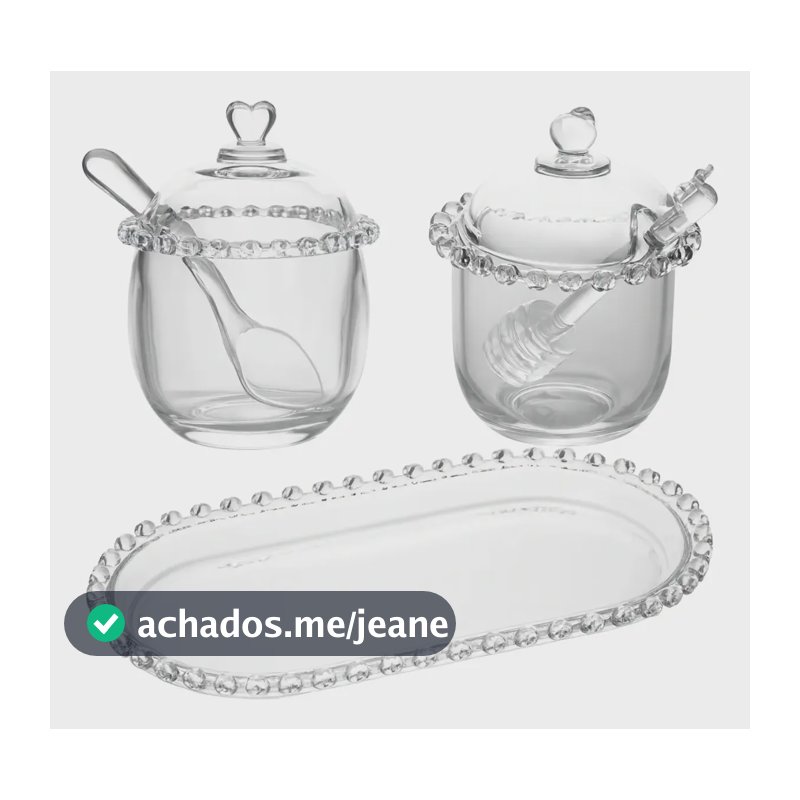 Kit Açucareiro Meleira Travessa Cristal C/ Detalhes Coração Transparente