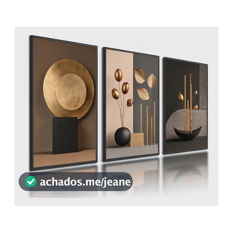 Kit 3 Quadros Decorativos Abstratos Dourado Moderno Preto