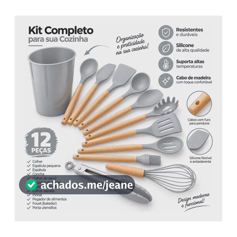 Kit 12 Utensílios Cozinha Silicone Cabo Madeira Antiaderente Cinza