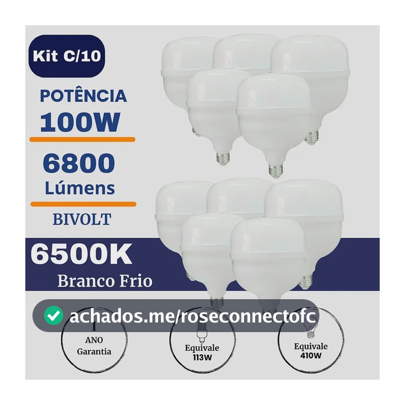 Kit 10 Lâmpadas Led Alta Potência 100w Branco Frio 6500k 127/220v Branco-frio