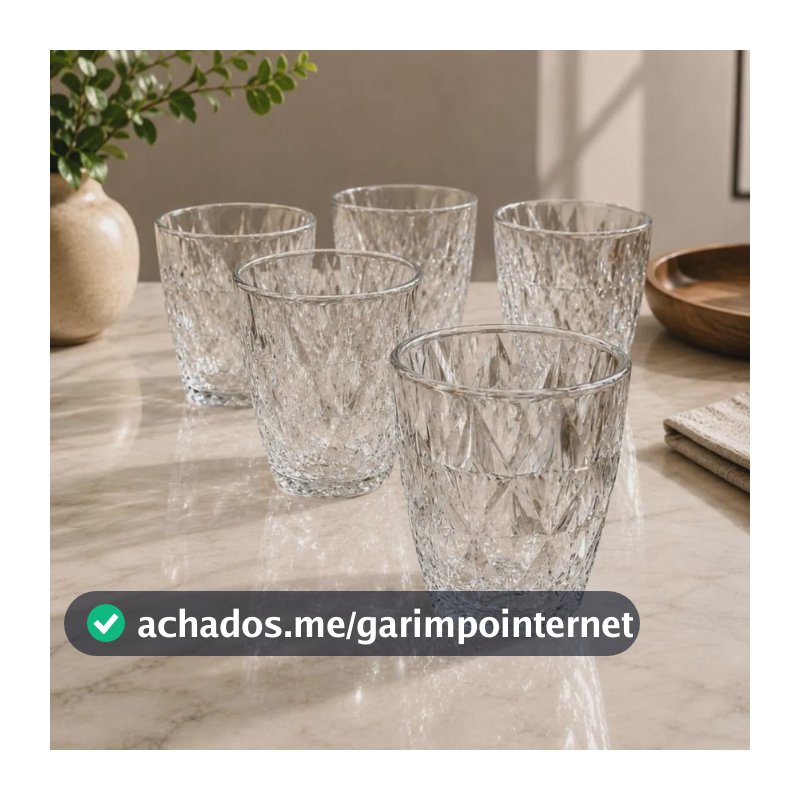 Jogo 6 Copos Baixos Diamond 300ml Vidro Resistente Diamante Transparente