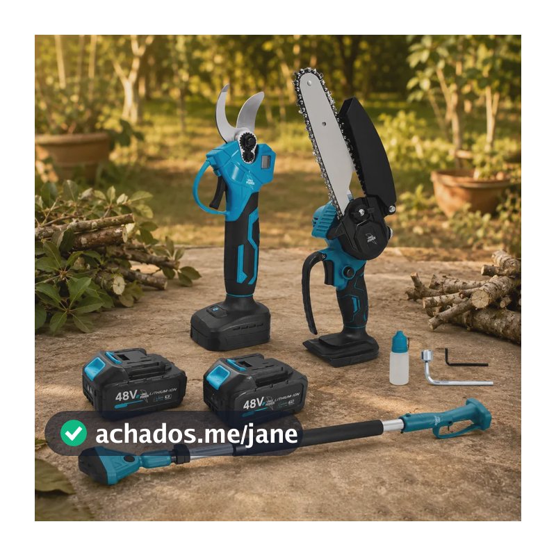 Kit Ferramentas 3 Em 1 Mini Motosserra Tesoura Poda Extensor 180cm 2 Baterias 48V 4.0Ah Sem Fio Carregador Bivolt Jardinagem
