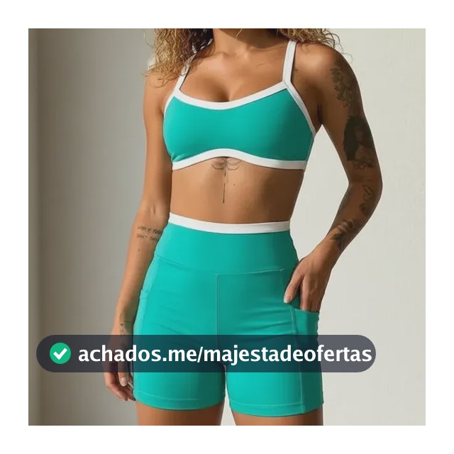 Conjunto Fitness Feminino Top Duplo Shorts Bolso Cós Alto Uv Verde Jade Liso P