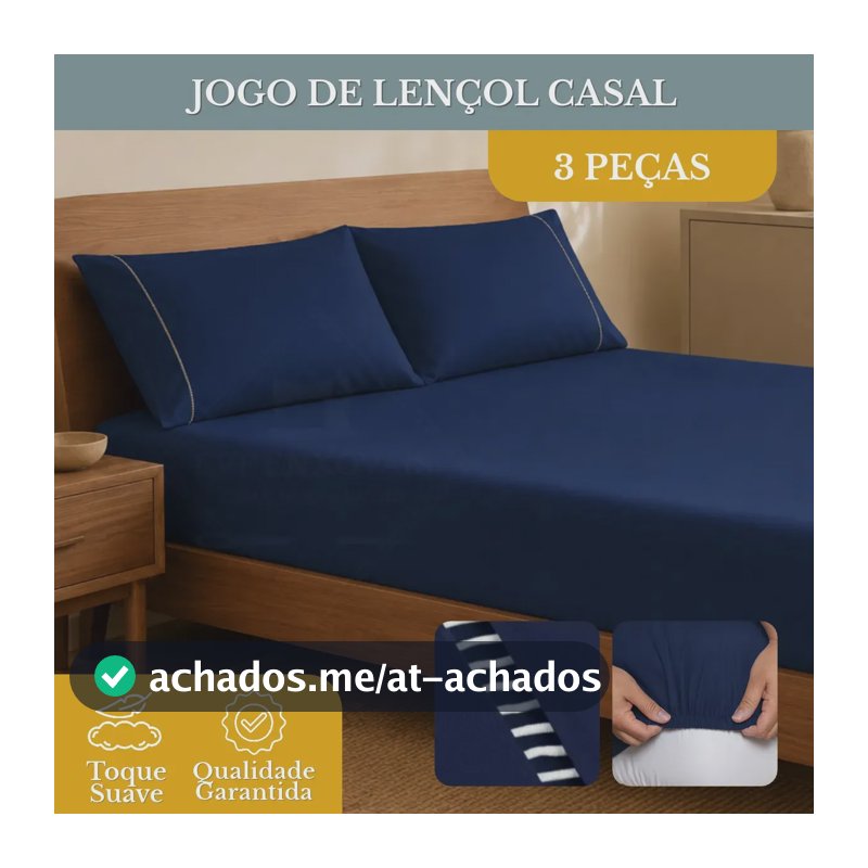 Jogo de Lençol Casal 3 Peças 400 Fios Micropercal Azul-marinho Elástico