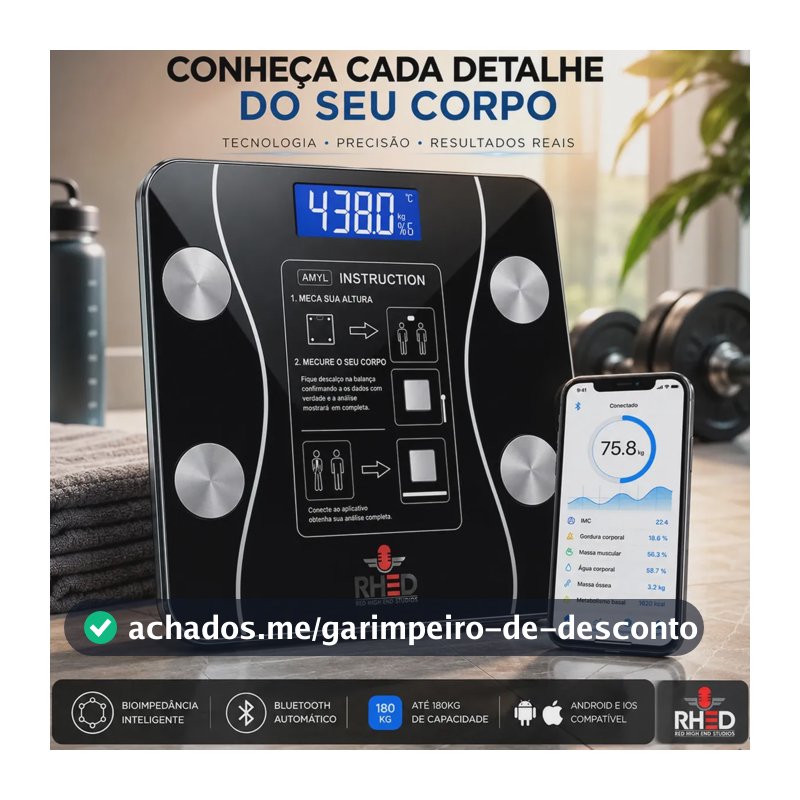 Balança Digital Bioimpedância Profissional smart imc 180kg Bluetooth Corporal Aparelho Alta Capacidade aplicativo App para Android e para IOS Balança De Banheiro Academia