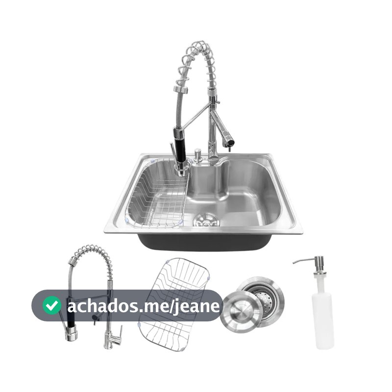 Cuba Pia Gourmet Cozinha Aço Inox 60x42cm Torneira Gourmet Monocomando Misturadora Água Quente Fria Prateada Cesto Escorredor Dispenser Detergente 500ml Válvula 4 1/2 Stillus Home