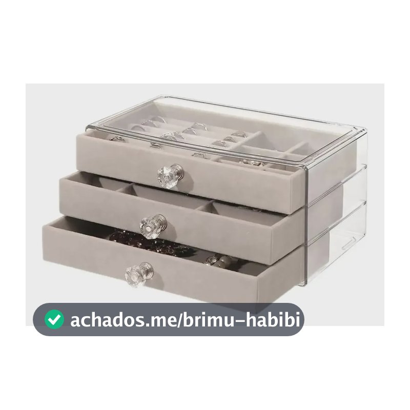 Porta Joias Veludo Com Acrílico 3 Camadas Gavetas Divisória Cinza
