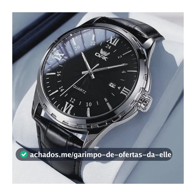 Opk Relógio Masculino Preto Couro Luminoso Quartzo 6003 Bisel Prateado