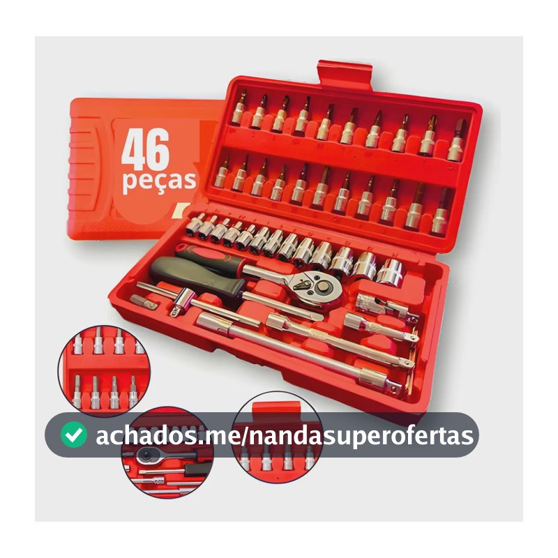Kit Profissional 46 Peças Aço CRV Completo Com Maleta Soquete 1/4 Chave Catraca Para Carro Moto Casa