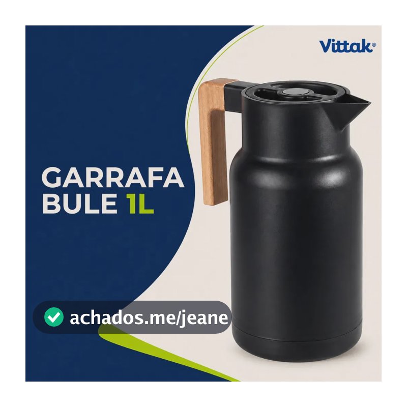 Vittak Garrafa Bule Térmica Wood Fashion 1000ml Café Chá Cor Preta Mesa Posta Cabo Madeira