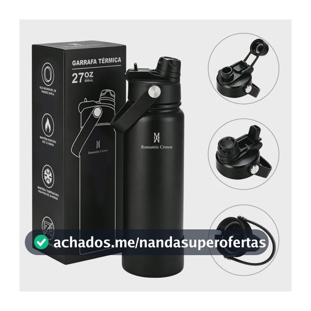 Garrafa Térmica 800ml Inox Bico Duplo Canudo Alça Esporte Preto