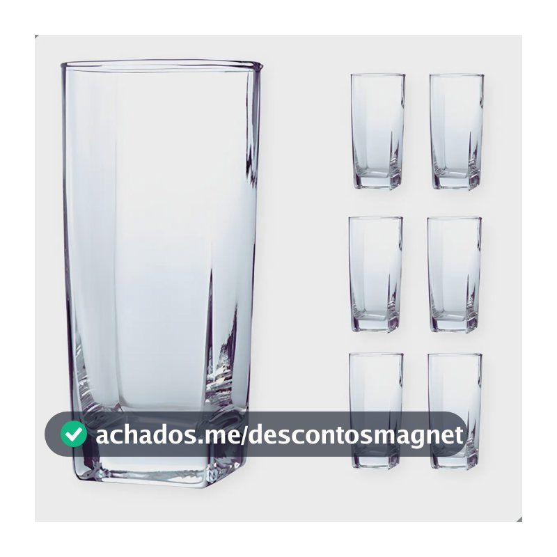 Jogo De 6 Copos De Vidro Alto 300ml Quadrado Suco Agua Ms Variedades