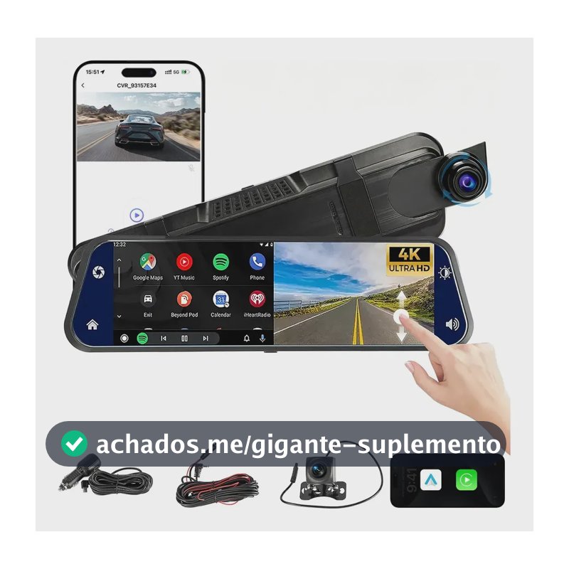 Câmera Veicular Automotiva Carro Com Wifi 4k+1080p Tela 10in