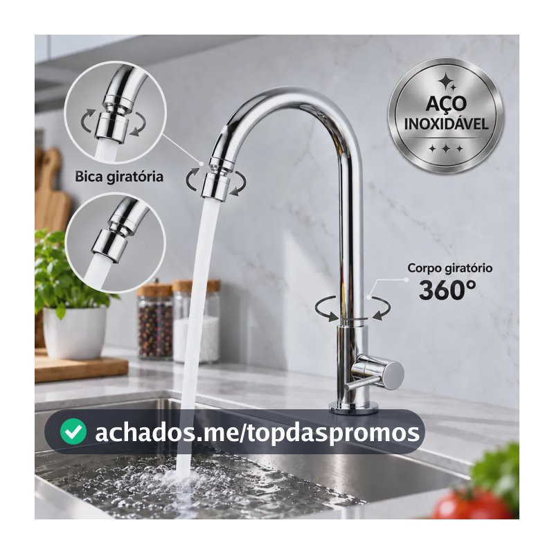 Torneira Cozinha Bancada Inox Cromada Água Fria Bica Alta e Corpo Giratórios com Arejador