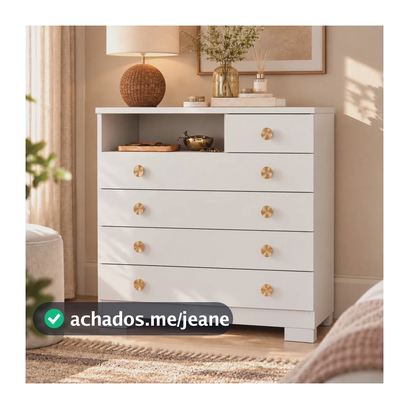 Cômoda 5 Gavetas Para Quarto Adulto Solteiro Com Nicho Pés Corrediças Telescópicas Multiuso Organizadora De Roupas Cor Branco