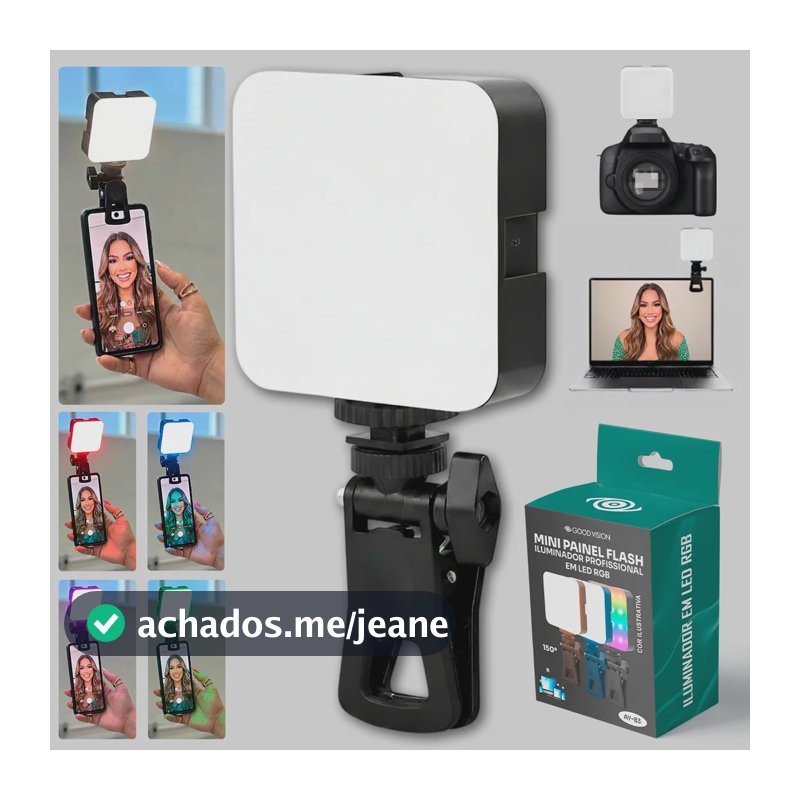 Mini Flash Iluminador de Selfie Profissional Fotográfico Multicolor e Rgb 60w Para Vídeos e fotos Com Luz de Estúdio e Clip Portátil Perfeito para Instagram Tiktok - GoodVision