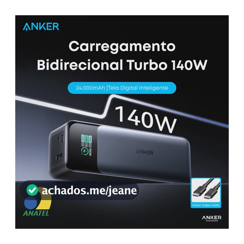Carregador Portátil Power Bank 24000mAh 140W Anker 737 Original Carga Turbo Rápida p/ Notebook e Celular com Tela Digital Compatível com MacBook Pro/Air, Dell, iPhone 15/14/13 Series, Samsung, AirPods