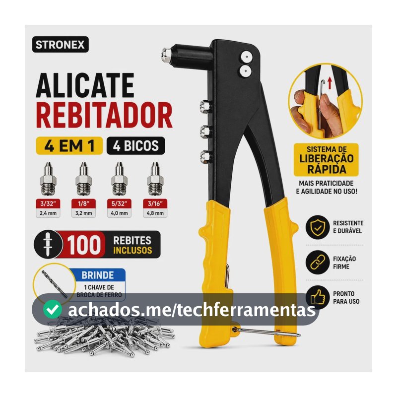 REBITADOR MANUAL REBITADEIRA DE ALICATE 4 BICOS REBITE ALICATE DE REPUXO ALUMÍNIO KIT 100 REBITES UNIVERSAL PROFISSIONAL STRONEX