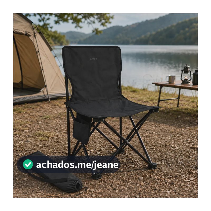 Cadeira de Camping Dobrável Portátil para Pescar, Praia, Trilha, Viagens, Acampamento, Varanda, Parques e Lazer Suporta até 120kg - APFER (PRETO)