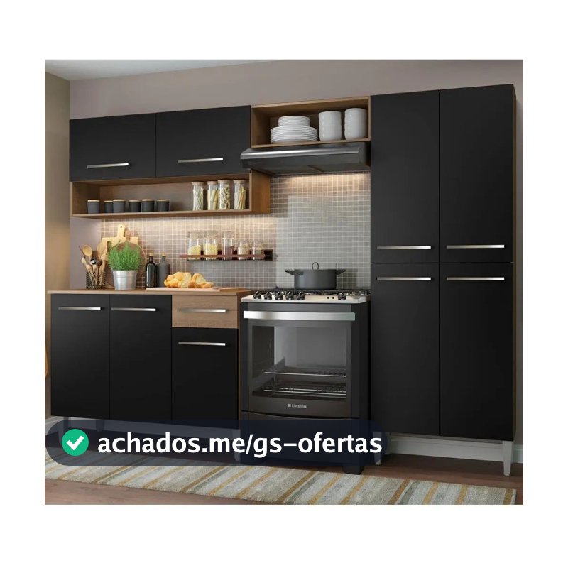 Armário de cozinha modulada completa compacta Emilly pop com armário e balcão cor rustic/preto GREM229002