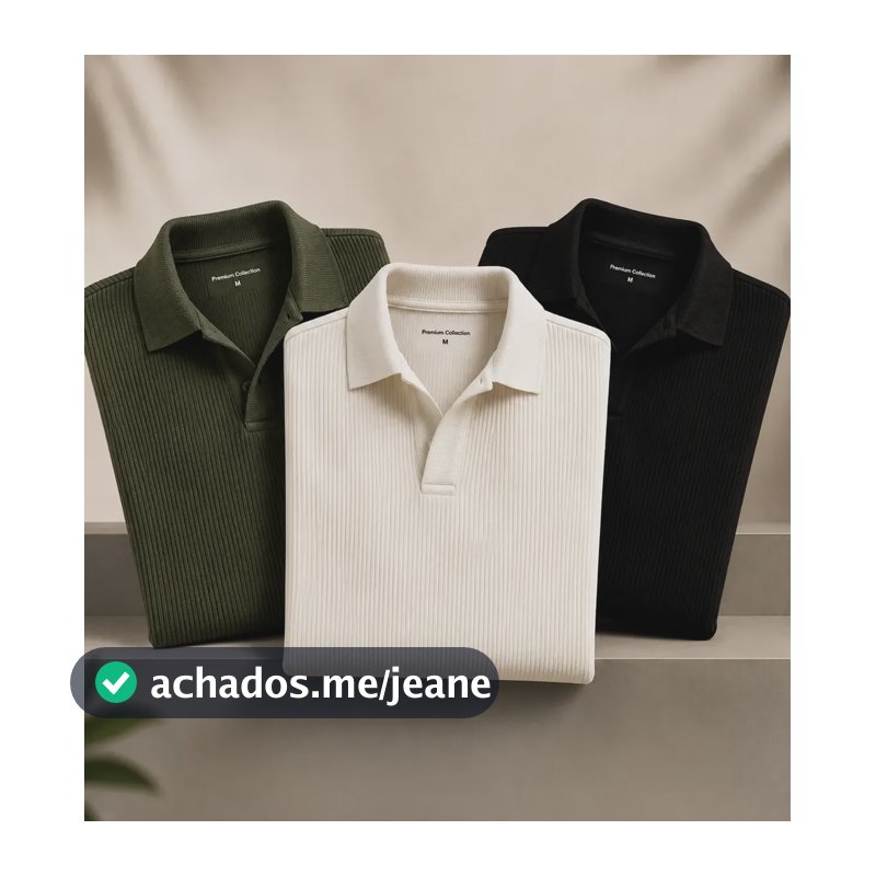 Kit Camisa Polo Masculina Canelada Gola Italiana Sem Botao Kit 3 - Verde Militar / Off / Preto G