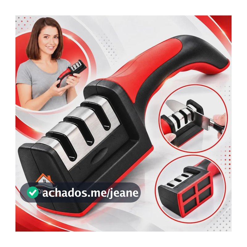 Afiador Amolador De Facas Tesouras Profissional 3 Em 1 Pedra De Afiar Amolar Inox Portátil Preto/vermelho