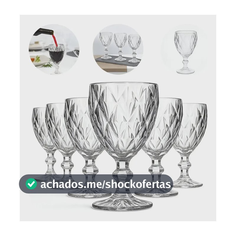 Kit 6un Taça Diamante Lapidada 340ml Para Vinho E Drink Transparente