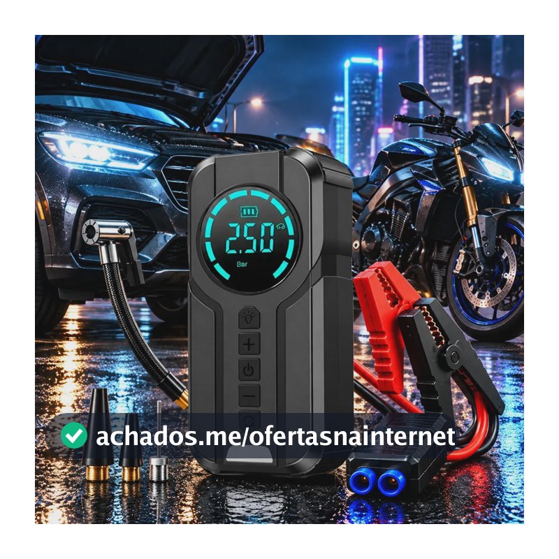Auxiliar de Partida e Compressor de Ar Portátil 4 em 1 12V Power Bank Lanterna LED 150PSI Bomba de Encher Pneu para Carro Moto Bicicleta