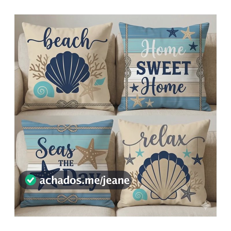 Kit 4 Capa Almofada Praia Beach 45x45 Conchas Azul Decore Praia Coastal