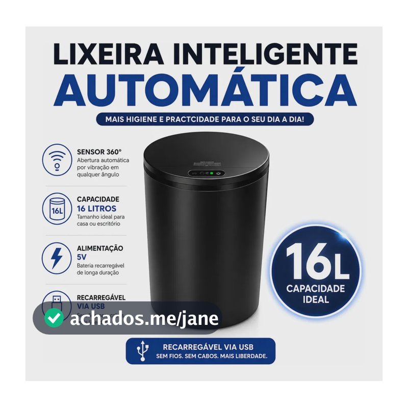 Lixeira Inteligente Automática com Sensor para Cozinha e Banheiro, 16 Litros Preto