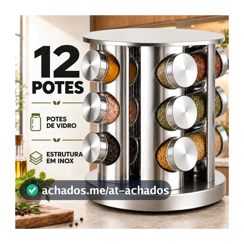 Porta Temperos Giratório 360° Inox 12 Potes de Vidro Organizador para Condimentos Especiarias Cozinha Suporte Carrossel Moderno Prático Premium e Luxo