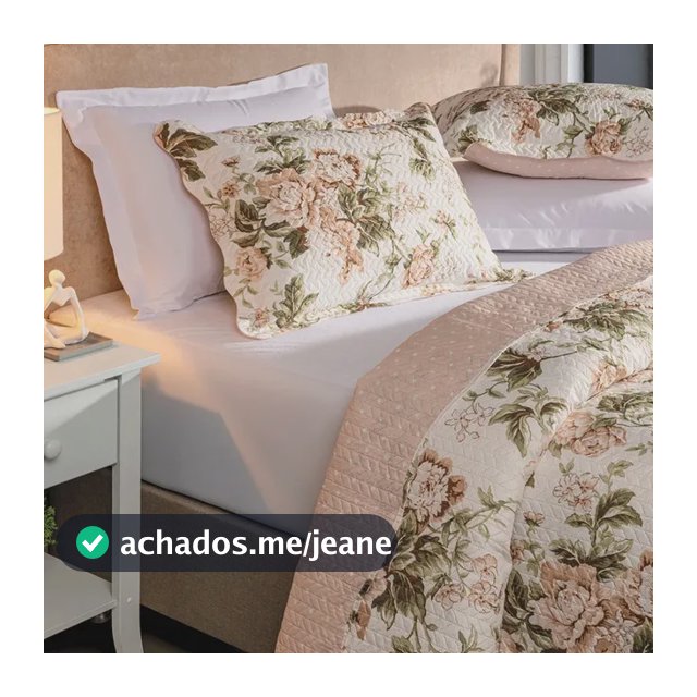 Kit Cobre Leito Colcha Queen 3 Peças Boutis Dupla Face Porta Travesseiro Aba Americana Beatriz Rose
