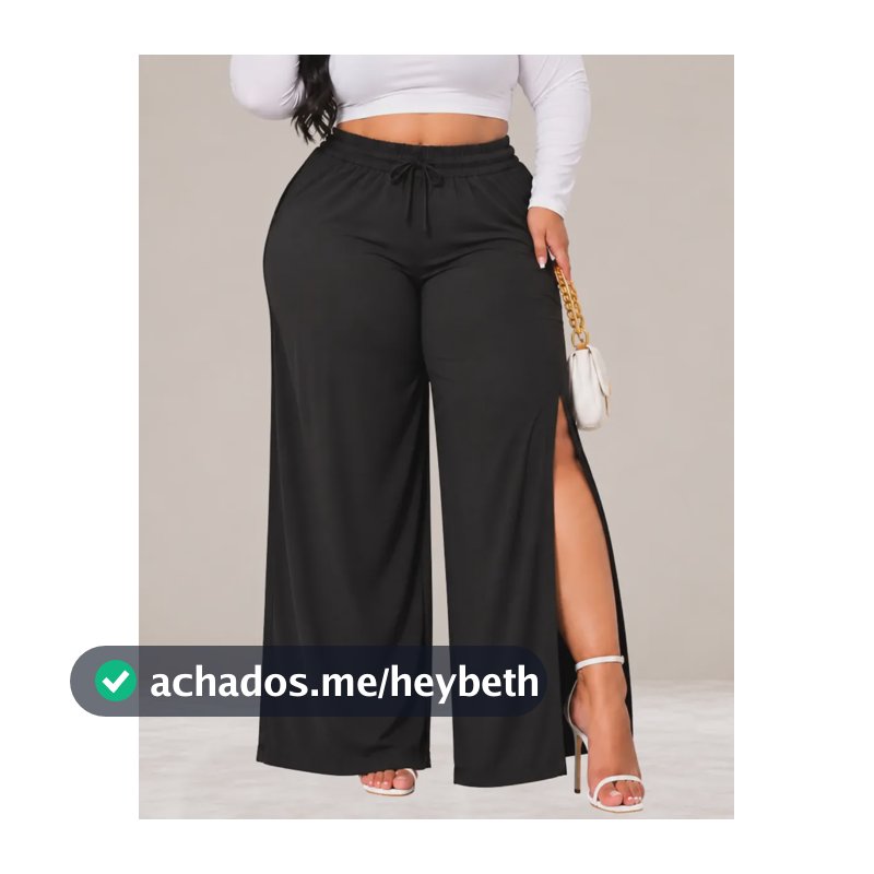 Calça Wide Leg Plus Size Feminino C/ Fenda Cintura Alta Fler Preto 52