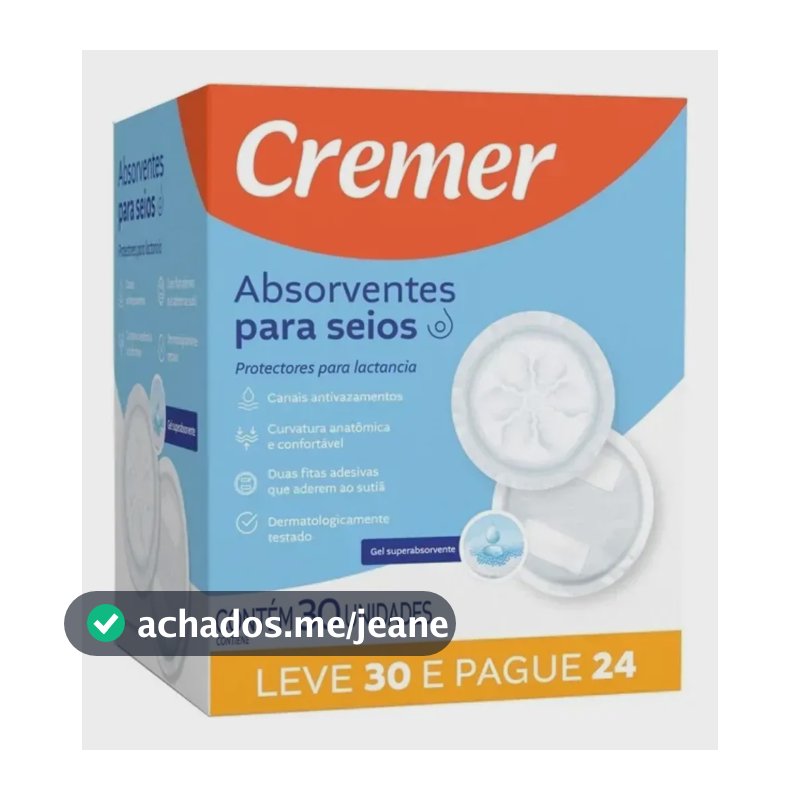 Absorvente Para Seios Cremer 30 Unidades Toque Suave Gel Superabsorvente Antivazamento Anatomico Respiravel Com Adesivo Para Amamentacao