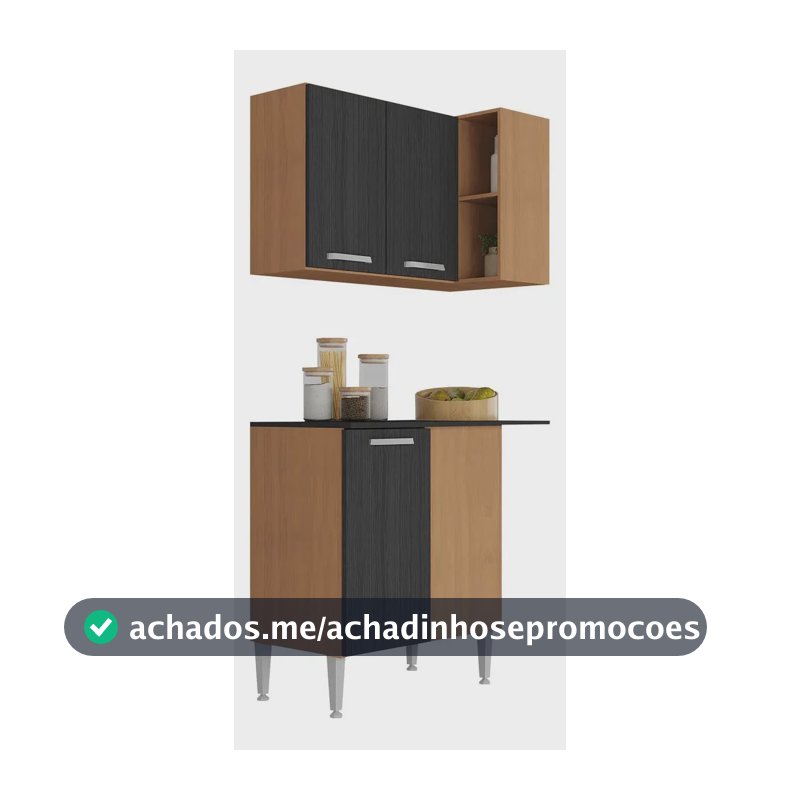 Kit Armário de Cozinha Aéreo Canto com Balcão 90cm 3 Portas Pequim Multimóveis MP2381 Madeirado/Preto