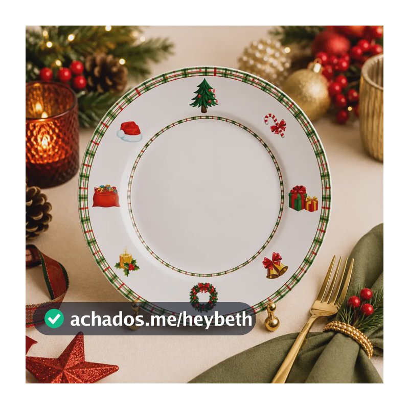 Conjunto 6 Pratos Rasos Natal Jingle Bells Cerâmica Alleanza Colorido Jingle Bells
